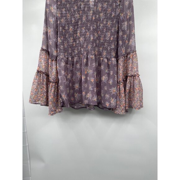 American Eagle Floral Sheer Blouse Smocked Long Flare Sleeve Violet/Multi Small - Picture 3 of 9